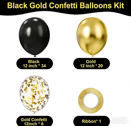 Vista 2 de 75 globos negros y dorados, globos de confeti negro y dorado de 12 pulgadas, globos de látex dorados para cumpleaños, Año Nuevo, boda, fiesta