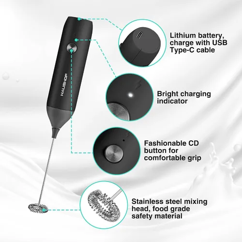 Vista 5 de HAUSHOF Potente varita espumadora de leche recargable, máquina de espuma eléctrica de mano, mezclador de bebidas con batidor de acero inoxidable
