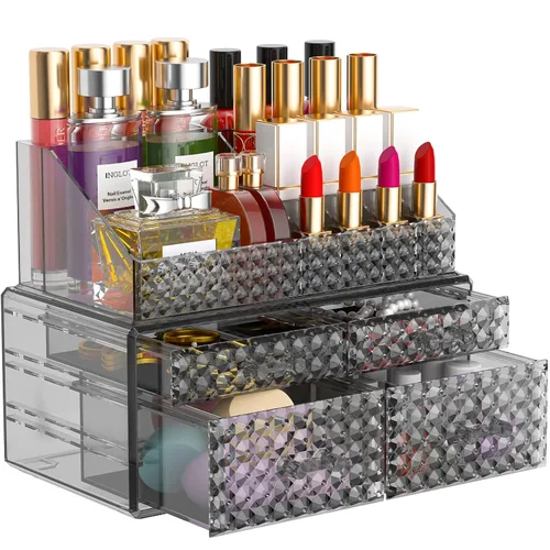 Vista 10 de Paquete de 3 organizadores de maquillaje apilables [actualizados], estuches de almacenamiento de cosméticos acrílicos con 8 cajones organizadores