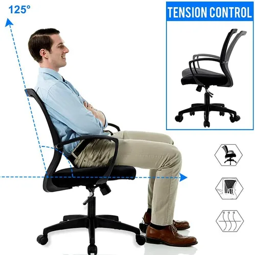 Vista 3 de HHS Silla de oficina ergonómica de malla, silla de computadora con soporte lumbar, reposabrazos de respaldo medio, giratoria, ajustable, para Negro