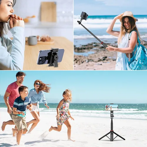 Vista 4 de Trípode de teléfono de 51 pulgadas, trípode extensible para iPhone y selfie Stick con control remoto inalámbrico y soporte desmontable