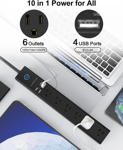 Vista 2 de Paquete de 2 cables de extensión de 6 pies de largo con protección contra sobretensiones de enchufe plano 6 Outlets 4 USB Ports, Power Strips with