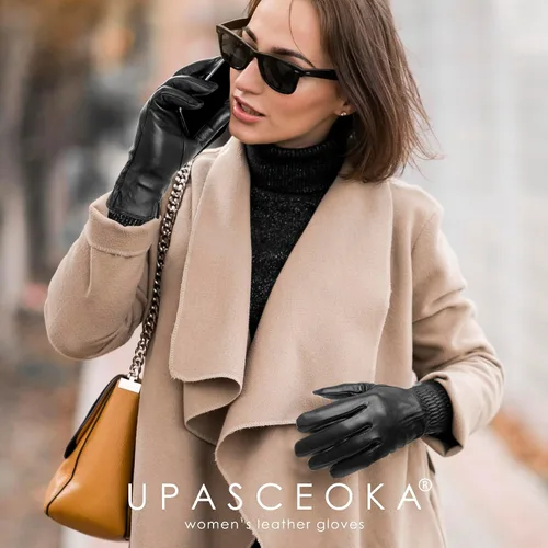 Vista 2 de Guantes de cuero genuino para mujer, guantes de invierno cálidos con forro de cachemira para pantalla táctil para conducir, guantes de piel de oveja
