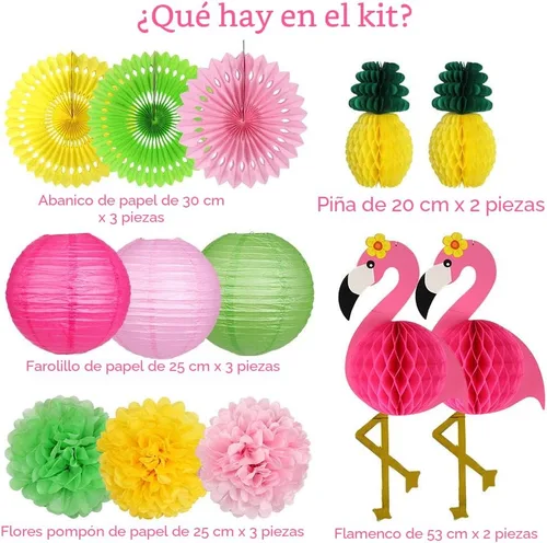 Vista 2 de YUNXUAN Suministros de fiesta de flamenco, decoraciones de fiesta hawaiana de flamenco y piña, bolas de panal, faroles de papel, abanicos de papel