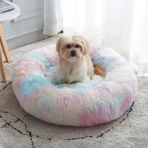 Vista 12 de Cama calmante para perros y gatos, cama antiansiedad, de felpa, con forma de dona, redonda, acolchada, de piel sintética, suave y esponjosa