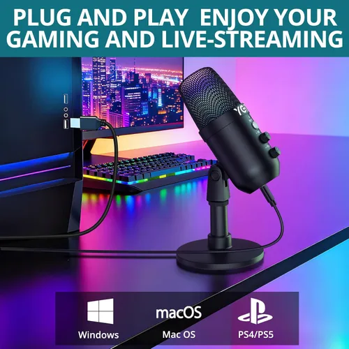 Vista 6 de Micrófono de condensador USB con soporte de luces RGB para PC, PS4, PS5 Micrófono dinámico para juegos, cancelación de ruido, control de ganancia
