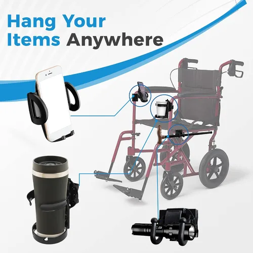 Vista 4 de Paquete combinado de movilidad, gancho, teléfono y portavasos para caminante, soporte portátil para bebidas para silla de ruedas y cochecitos