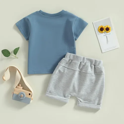 Vista 3 de Ropa de verano para bebé, niño, camiseta de manga corta, con cordón, conjunto de 2 piezas, trajes casuales para bebés