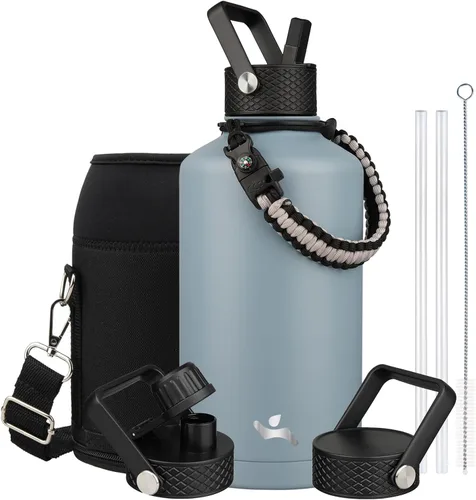 Vista 47 de Konokyo - Botella de agua aislada de 18 onzas, botellas deportivas de acero inoxidable con 3 tapas, verde militar