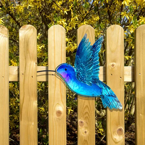Vista 6 de John's Studio Decoración de Pared de Colibrí de Metal Arte de Vidrio para Baño Escultura de Hierro Decoración Colgante Exterior para Hogar Azul