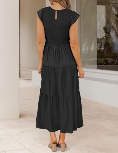 Vista 4 de ZESICA - Vestido por debajo de la rodilla para mujer, diseño informal y escalonado de manga corta, con cuello redondo y cintura elástica fruncida