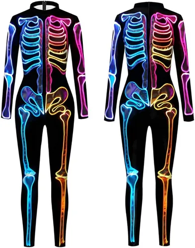 Vista 3 de Sister Amy Disfraz de esqueleto de calavera para mujer de Halloween, traje ajustado de una pieza J-colorido esqueleto