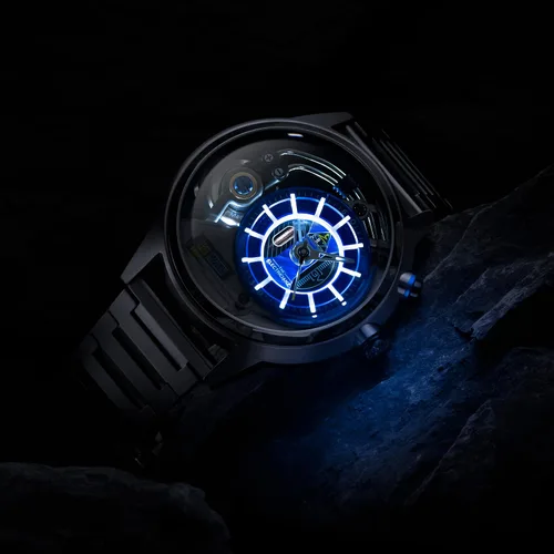 Vista 3 de The Electricianz Stone Z Reloj de diseñador para hombre, esfera con luz LED, diseño suizo, módulo eléctrico único, caja y pulsera de acero