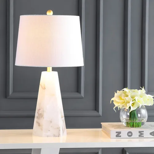 Vista 3 de JONATHAN Y Lámpara de mesa moderna de alabastro natural/latón dorado de 25.5 pulgadas para dormitorio, pantalla de lino blanco, lámpara de mesita