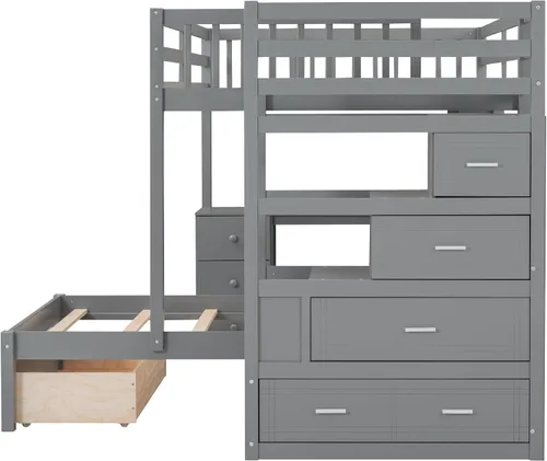 Vista 4 de RUNNA Litera matrimonial sobre individual con escritorio, cajones y escaleras, litera de madera maciza para niños, niñas, adolescentes y adultos