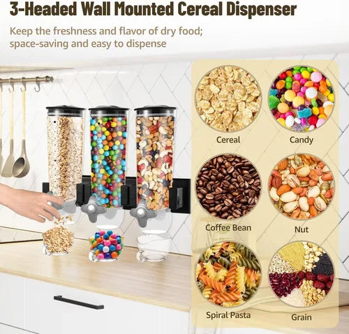Vista 3 de Dispensador de pared de 3 cabezales, dispensador grande de alimentos secos de 4.5L, dispensador de cereales y dispensador transparente, recipiente