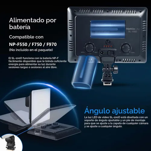 Vista 4 de Mettlelite SL100D - Luz de video LED bicolor en la cámara Iluminación de fotografía regulable continua Panel LED de estudio portátil 3200K-5600K