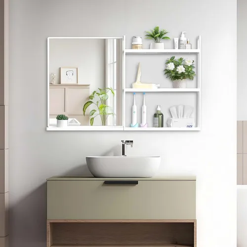 Vista 10 de Espejo de baño con estante, espejo de pared rectangular negro, marco de metal, colgante horizontal o vertical (24 x 20 pulgadas)