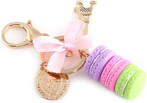 Vista 3 de Macaroon - Llavero con diseño de torre Eiffel para helados, coloridos y bonitos llaveros de aleación para mujer, colgante de bolso rosa, Púrpura