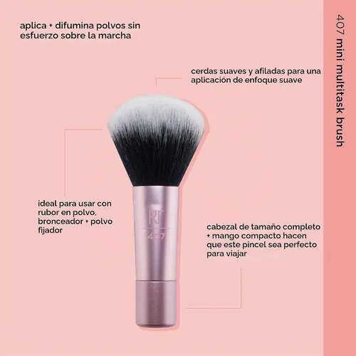 Vista 3 de Real Techniques Mini brocha de maquillaje multitarea, para rubor, bronceador y polvo, cepillo facial con cerdas sintéticas cortadas a medida
