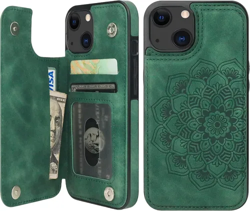 Vista 13 de Vaburs Funda compatible con iPhone 13 con tarjetero y diseño de mandala en relieve, de piel sintética, doble botones, a prueba de golpes, para Azul