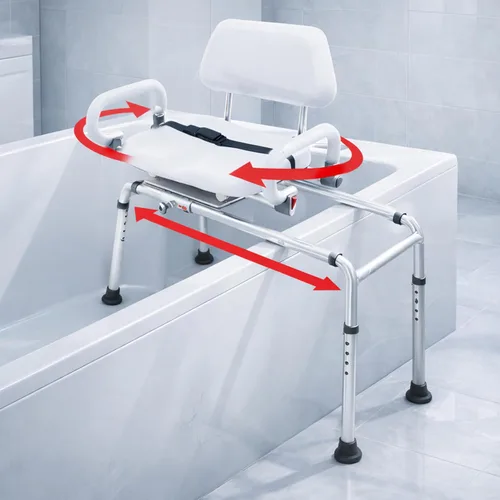 Vista 12 de Banco de transferencia deslizable para ducha con asiento giratorio Carousel, bariátrico, acolchado premium con apoyabrazos giratorios, alta