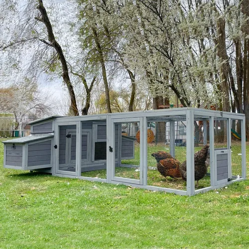 Vista 7 de Aivituvin Gallinero para 4-6 pollos/patos, gallinero de madera para exteriores, jaula grande para gallineros con dos cajas anidables (gris, AIR45)