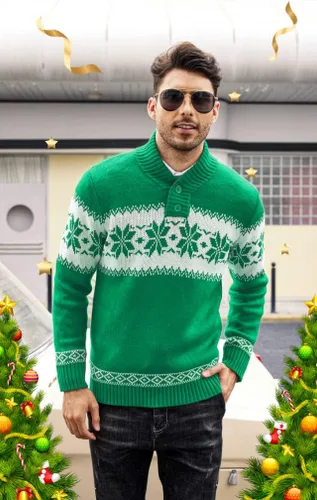 Vista 4 de COOFANDY Suéter de Navidad para hombre, suéteres de Navidad de punto feo, suéter casual con copos de nieve