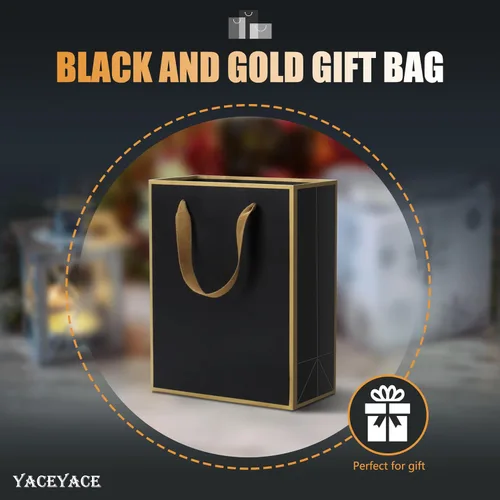 Vista 2 de Bolsas de regalo negras y doradas con asas, 20 unidades de 8 x 4.25 x 10.5 pulgadas Negro dorado