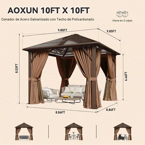 Vista 2 de Aoxun 10'x10' Outdoor Gazebo with Polycarbonate Roof Khaki Single Roof Caqui