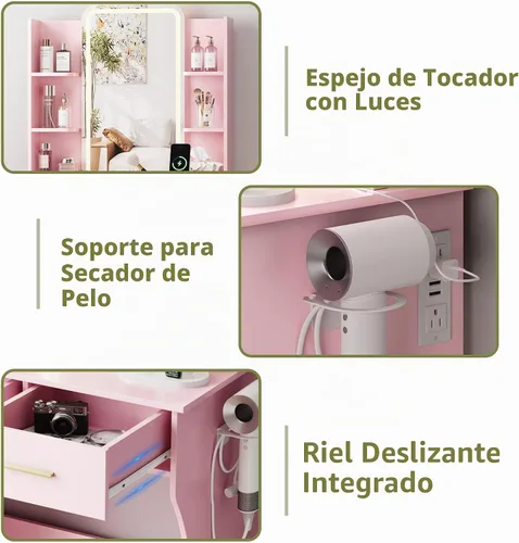 Vista 7 de HUANLEGO Pequeño escritorio rosa con espejo y luces para mujeres y niñas