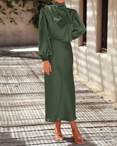 Vista 6 de BTFBM Vestido de satén con cuello alto falso para mujer, elegante, manga larga, cintura alta, formal, para boda, cóctel, fiesta, maxi vestidos