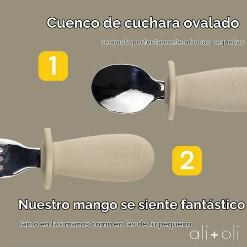 Vista 4 de Ali+Oli Juego de aprendizaje de cuchara y tenedor para niños pequeños (caqui) de 6 meses (caqui), mango de silicona de grado alimenticio, fácil