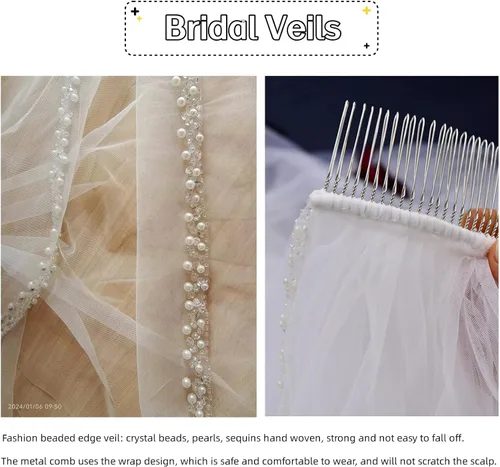 Vista 3 de Wedding Bride Veil 1 Tier Fingertip Length Pearls Crystal Beaded Edge Tulle for Bridal Veils with Comb