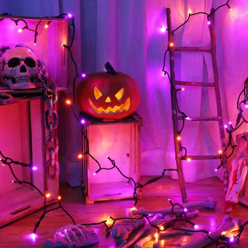 Vista 5 de Brizled - Luces de Halloween naranjas y moradas, 10 mt, 100 luces LED de Halloween, 5mm de ancho, luz de cuerda de ángulo amplio, 120 V