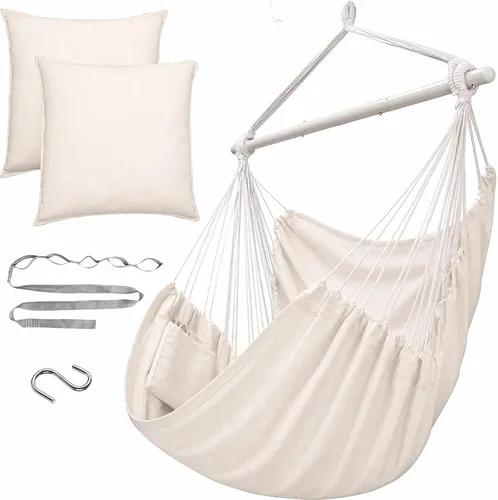 Vista 9 de ADVOKAIR - Silla tipo hamaca colgante grande, cómoda, suave y duradera, incluye 2 cojines de asiento 1 azul y blanco (con almohadas)