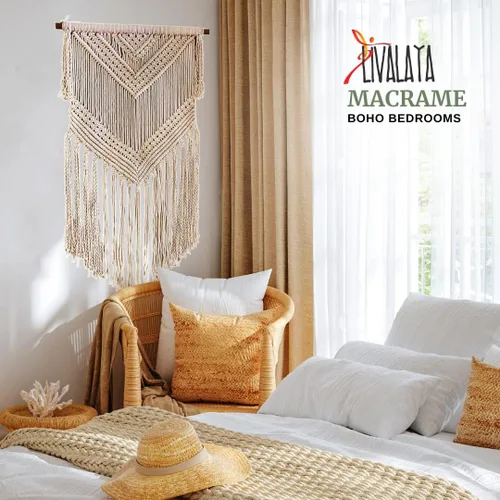 Vista 5 de Livalaya Tapiz bohemio tejido de macramé para colgar en la pared, color beige, 16 x 36 pulgadas, moderno tapiz bohemio para decoración de pared
