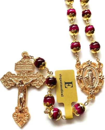 Vista 5 de elegantmedical Collar de cuentas de oración de ojo de tigre hecho a mano, rosario católico, crucifijo dorado, caja de regalo, Italia