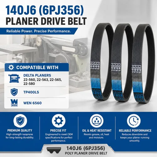 Vista 3 de Paquete de 3 correas de transmisión de cepilladora 140J6, compatible con modelos de cepilladora Delta 22-560, TP400LS, 22-565, 22-580, repuesto
