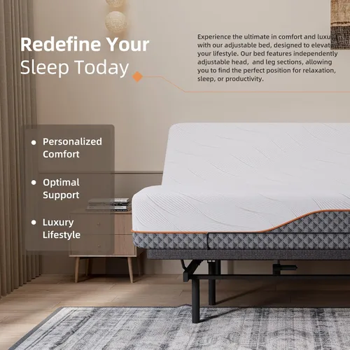 Vista 3 de ESHINE Base de cama ajustable + colchón híbrido de 14 pulgadas Twin XL (Suave Medio) - Espuma viscoelástica de gel de lujo, bases de cama con Gris
