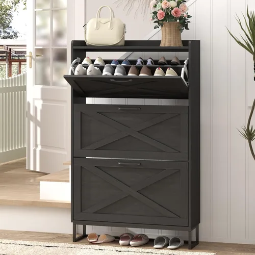 Vista 30 de Maupvit Gabinete de almacenamiento para zapatos con 2 cajones abatibles, organizador independiente con patas de metal para entrada, gabinete Beige