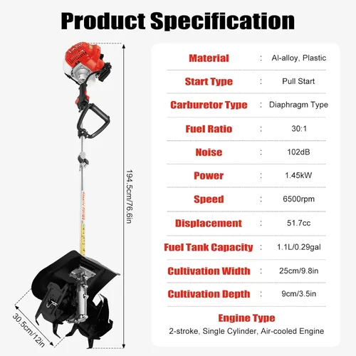 Vista 7 de Mini cultivador inalámbrico, 42.7 CC 2 tiempos de gasolina Rototiller inalámbrico cultivador de jardín granja 6500 RPM máximo máquina cortadora