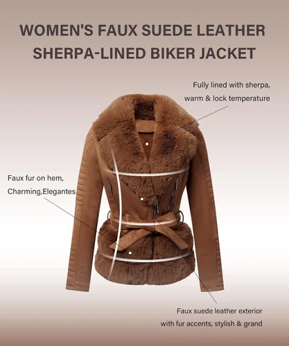 Vista 3 de Bellivera - Chaqueta de piel sintética para mujer, con forro de sherpa y cuello de piel desmontable