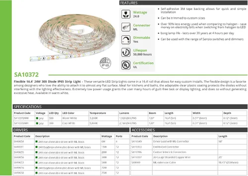 Vista 2 de Transolid SA10372WH Sensio LED 24V 24W 300D Ip65 Tira de luz flexible, 196.85 pulgadas, blanco cálido