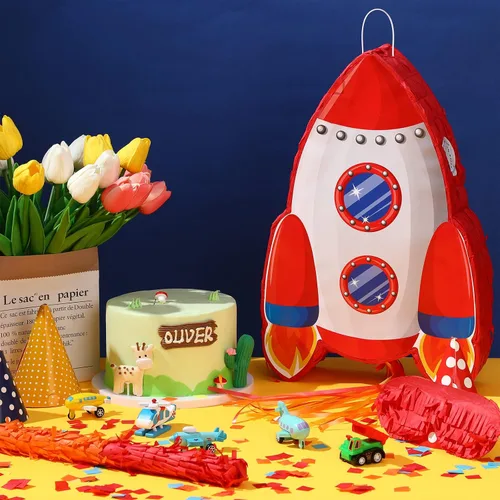 Vista 2 de Rocket Pinata Space Pinata con palo de los ojos vendados para niños, clásica