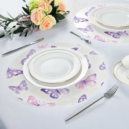 Vista 6 de Butterflies Purple and White Round Christmas placemats placemats Easy to Clean Waterproof Set of 4 15x15 in individuales para mesa de comedor