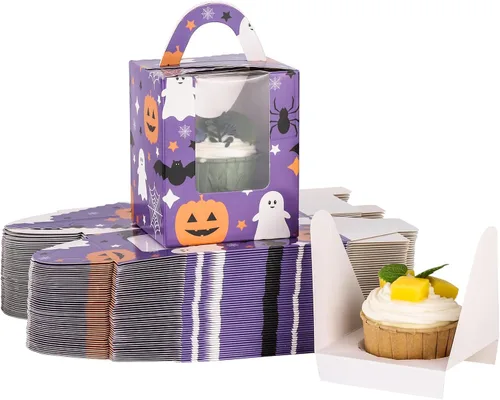 Vista 9 de acDesign 50 cajas para cupcakes de Halloween, cajas individuales para cupcakes con asa, ventana transparente, cajas individuales para cupcakes
