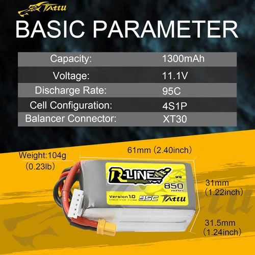 Vista 2 de Tattu Batería Lipo R-Line de 850mAh 4s 95C 14.8V con enchufe XT30