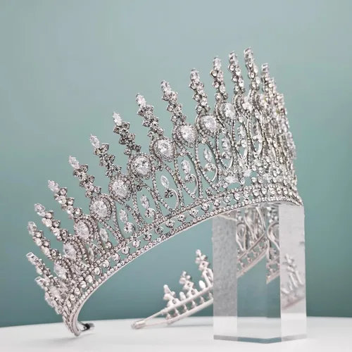 Vista 5 de Tiaras altas de boda para novia, coronas grandes de reina con circonita cúbica 5A, diadema de princesa con circonita cúbica para novia, corona