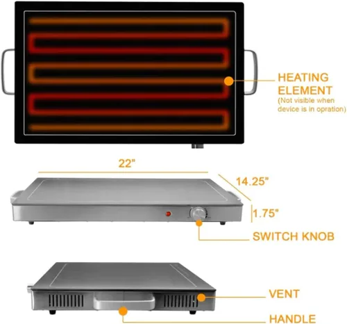 Vista 2 de Megachef Bandeja de calentamiento eléctrica con control de temperatura ajustable, 24 pulgadas, color plateado, negro
